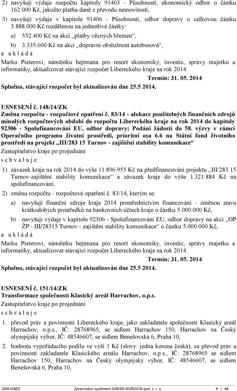 400 Kč na akci platby věcných břemen, b) 3.335.600 Kč na akci dopravní obslužnost autobusová, Marku Pieterovi, náměstku hejtmana pro resort ekonomiky, investic, správy majetku a Termín: 31. 05.