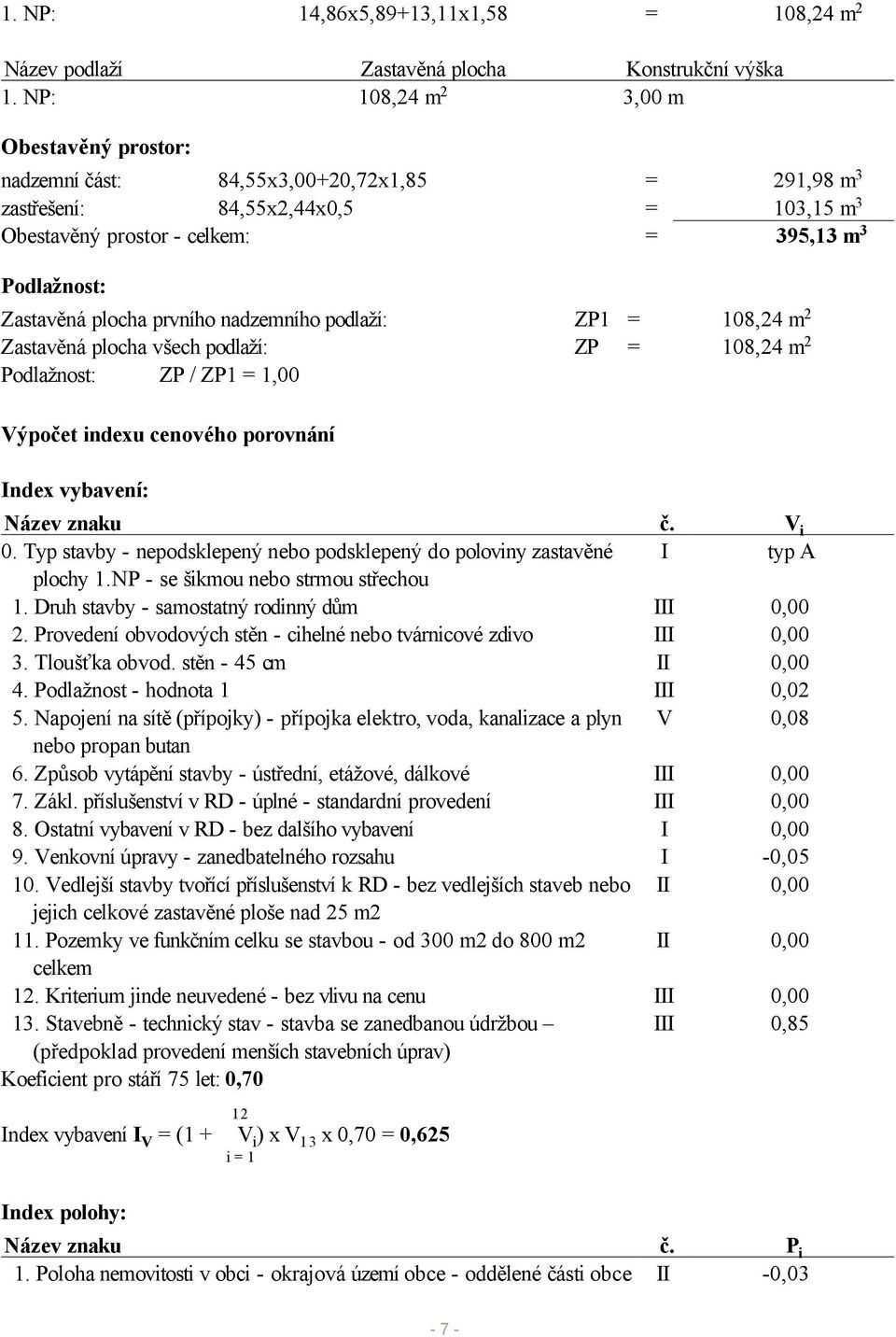 plocha prvního nadzemního podlaží: ZP1 = 108,24 m 2 Zastavěná plocha všech podlaží: ZP = 108,24 m 2 Podlažnost: ZP / ZP1 = 1,00 Výpočet indexu cenového porovnání Index vybavení: Název znaku č. V i 0.