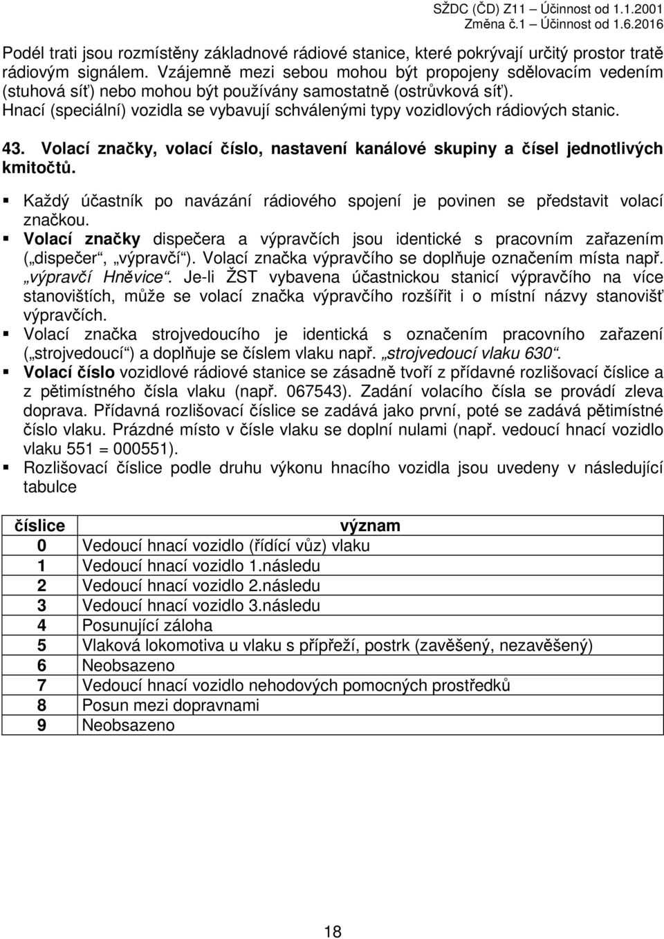 Hnací (speciální) vozidla se vybavují schválenými typy vozidlových rádiových stanic. 43. Volací značky, volací číslo, nastavení kanálové skupiny a čísel jednotlivých kmitočtů.