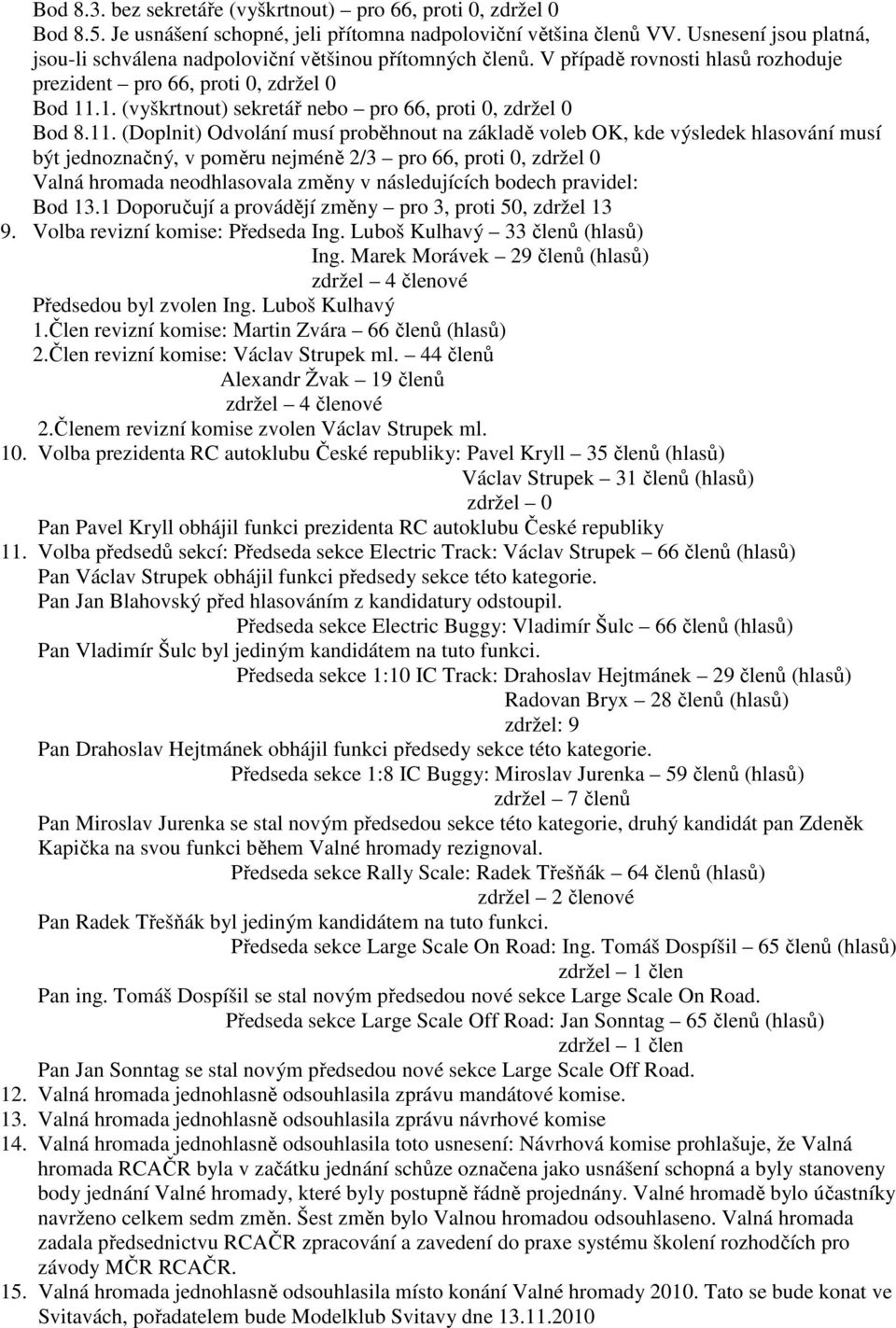 .1. (vyškrtnout) sekretář nebo pro 66, proti 0, zdržel 0 Bod 8.11.