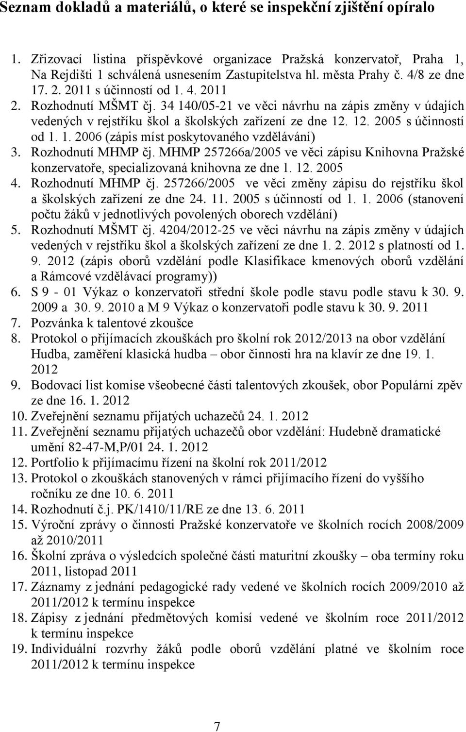 12. 2005 s účinností od 1. 1. 2006 (zápis míst poskytovaného vzdělávání) 3. Rozhodnutí MHMP čj. MHMP 257266a/2005 ve věci zápisu Knihovna Pražské konzervatoře, specializovaná knihovna ze dne 1. 12.