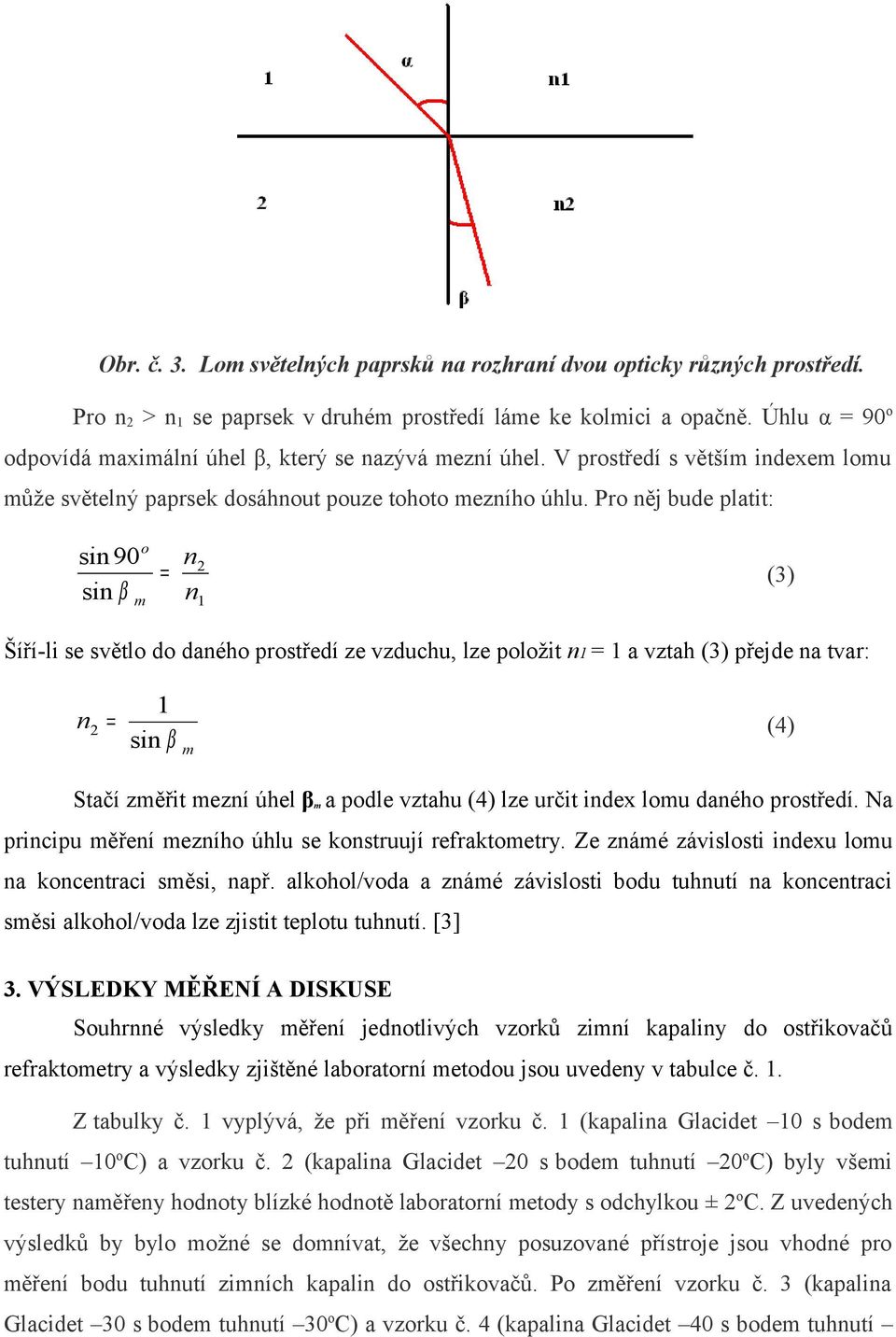 Pro ěj bude platit: si90 si β o m = 2 1 (3) Šíří-li se světlo do daého prostředí ze vzduchu, lze položit 1 = 1 a vztah (3) přejde a tvar: 2 = 1 si β m (4) Stačí změřit mezí úhel β m a podle vztahu