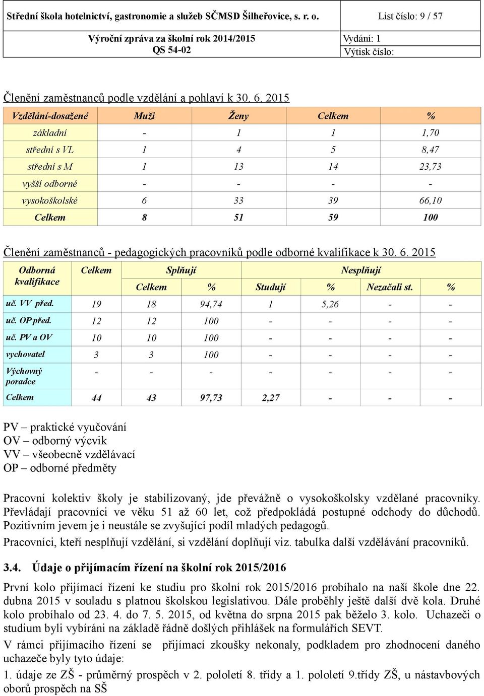 odborné kvalifikace k 3. 6. 5 Odborná kvalifikace Celkem Splňují Nesplňují Celkem % Studují % Nezačali st. % uč.