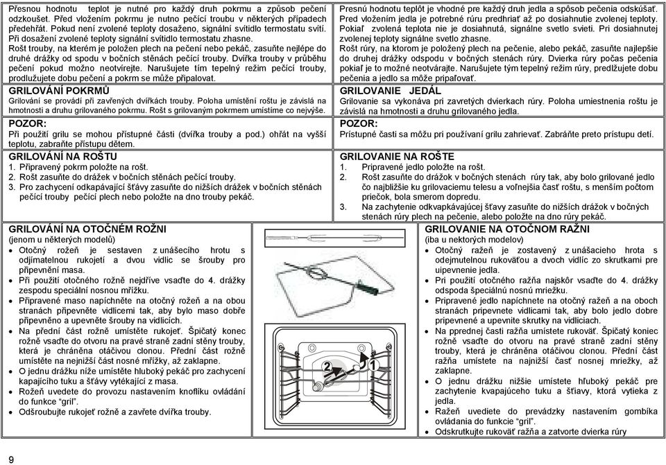 Rošt trouby, na kterém je položen plech na pečení nebo pekáč, zasuňte nejlépe do druhé drážky od spodu v bočních stěnách pečící trouby. Dvířka trouby v průběhu pečení pokud možno neotvírejte.