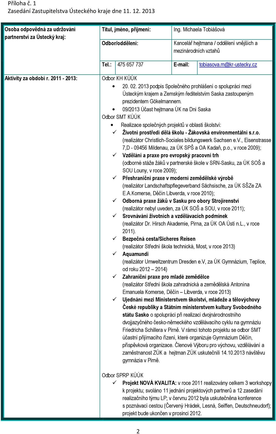 2013 podpis Společného prohlášení o spolupráci mezi Ústeckým krajem a Zemským ředitelstvím Saska zastoupeným prezidentem Gökelmannem.