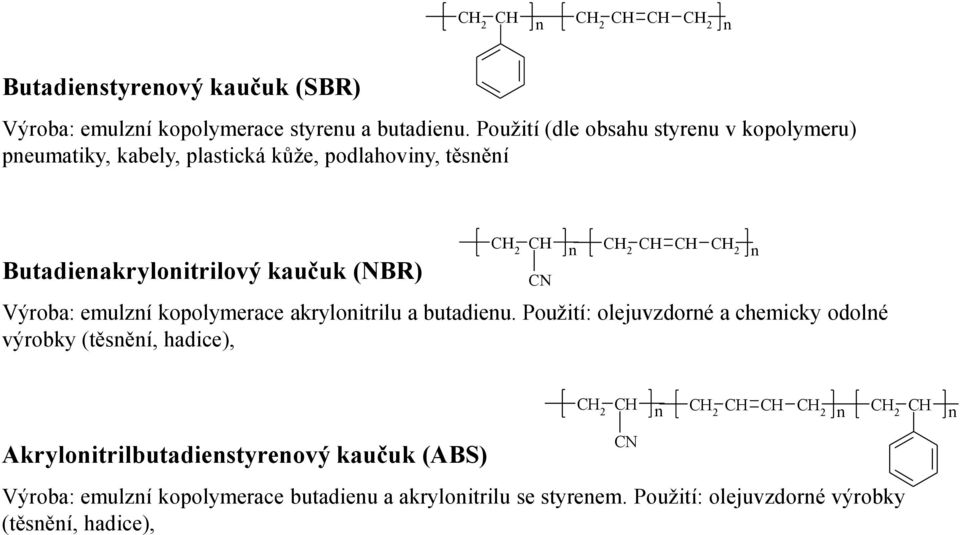 (NB) H H Výroba: emulzí kopolymerace akryloitrilu a butadieu.