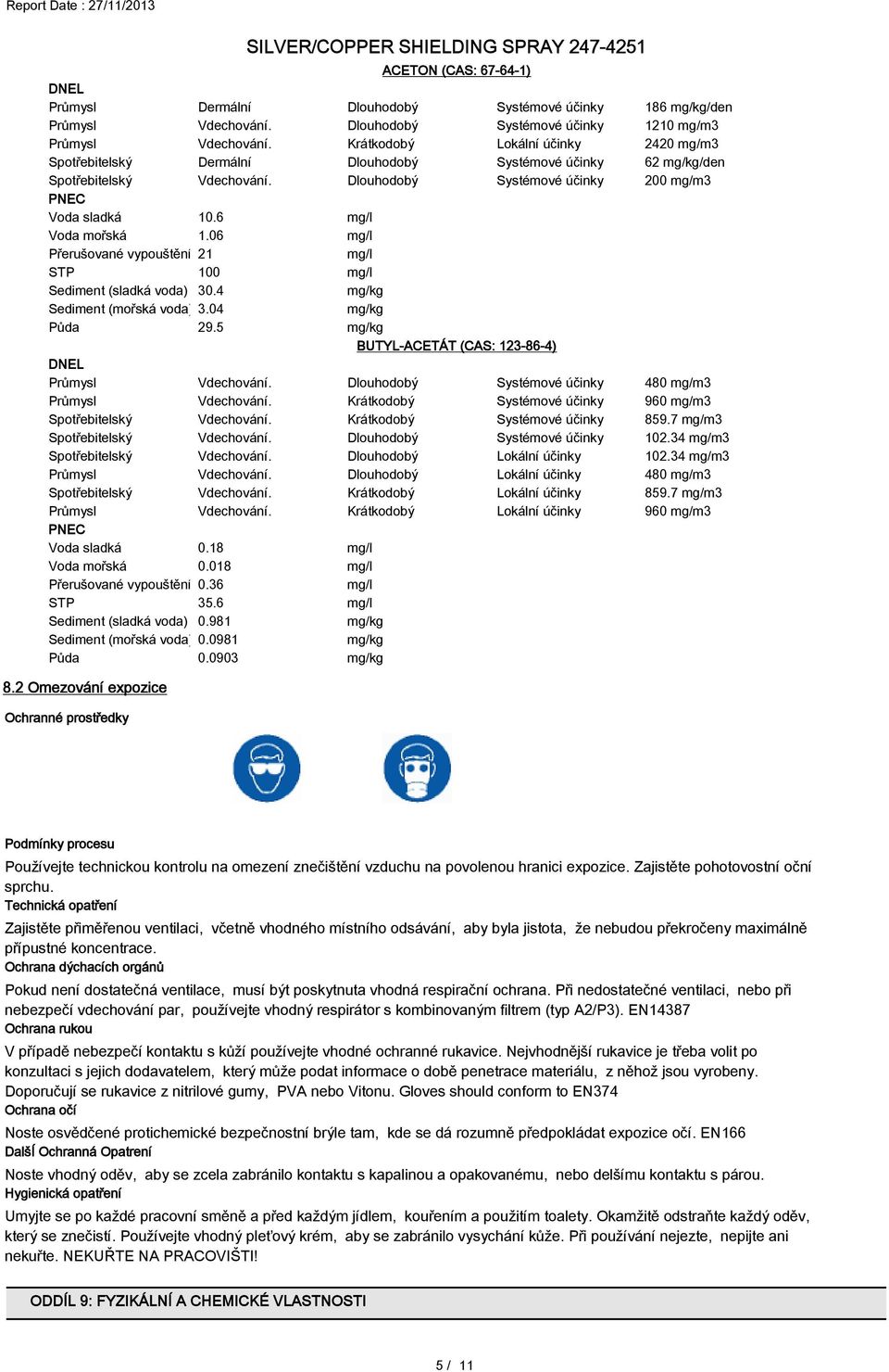 6 mg/l Voda mořská 1.06 mg/l Přerušované vypouštění 21 mg/l STP 100 mg/l Sediment (sladká voda) 30.4 mg/kg Sediment (mořská voda) 3.04 mg/kg Půda 29.5 mg/kg DNEL Průmysl Vdechování.