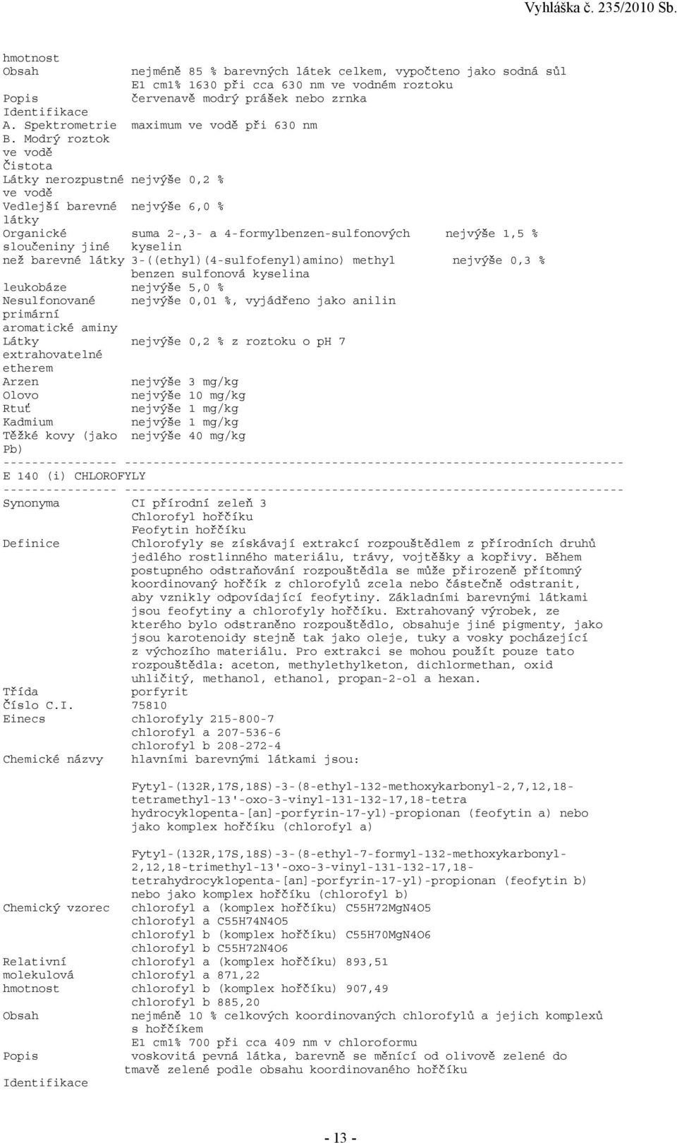 látky 3-((ethyl)(4-sulfofenyl)amino) methyl nejvýše 0,3 % benzen sulfonová kyselina leukobáze nejvýše 5,0 % Nesulfonované nejvýše 0,01 %, vyjádřeno jako anilin primární aromatické aminy Látky nejvýše