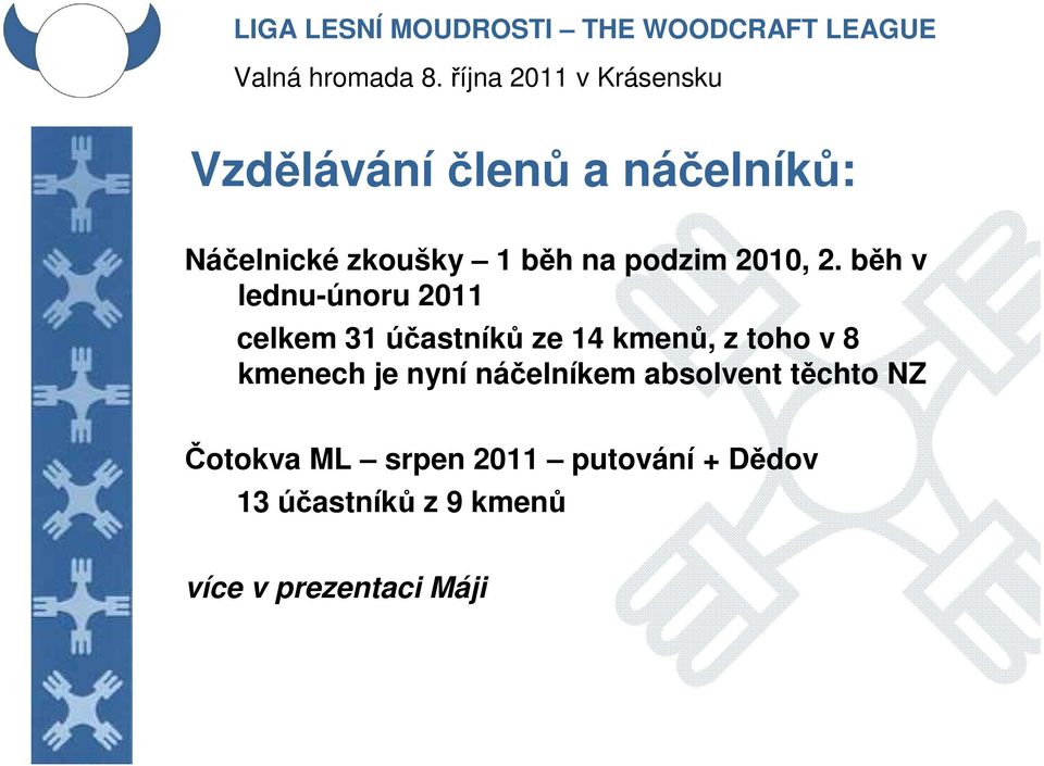 běh v lednu-únoru 2011 celkem 31 účastníků ze 14 kmenů, z toho v 8