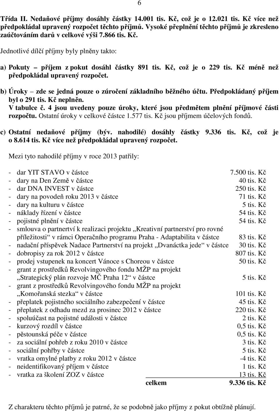 Kč, což je o 229 tis. Kč méně než předpokládal upravený. b) Úroky zde se jedná pouze o zúročení základního běžného účtu. Předpokládaný příjem byl o 291 tis. Kč neplněn. V tabulce č.