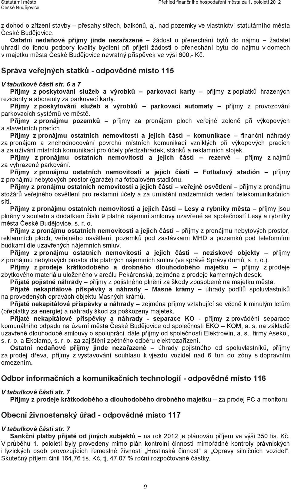 nevratný příspěvek ve výši 600,- Kč. Správa veřejných statků - odpovědné místo 115 V tabulkové části str.