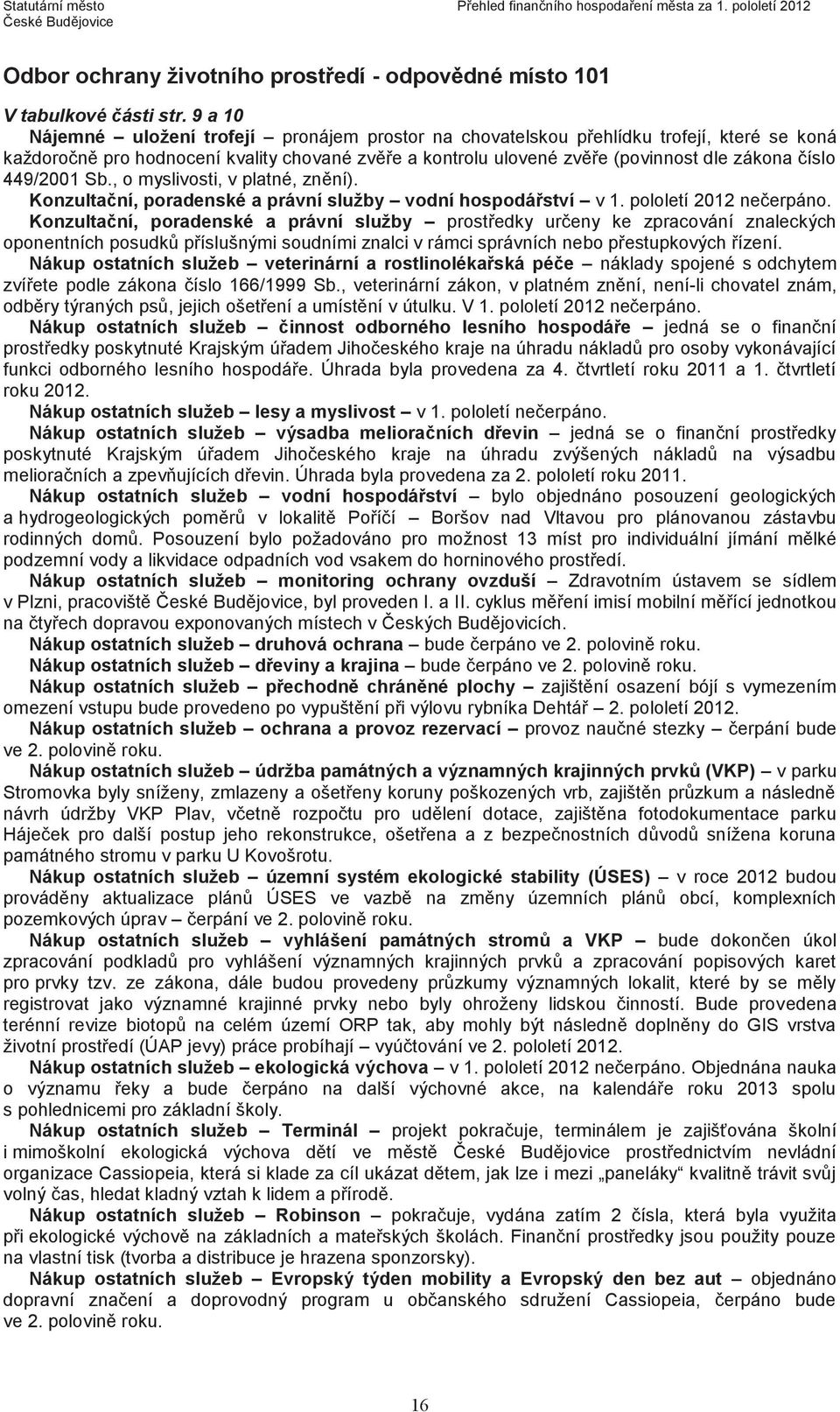 449/2001 Sb., o myslivosti, v platné, znění). Konzultační, poradenské a právní služby vodní hospodářství v 1. pololetí nečerpáno.