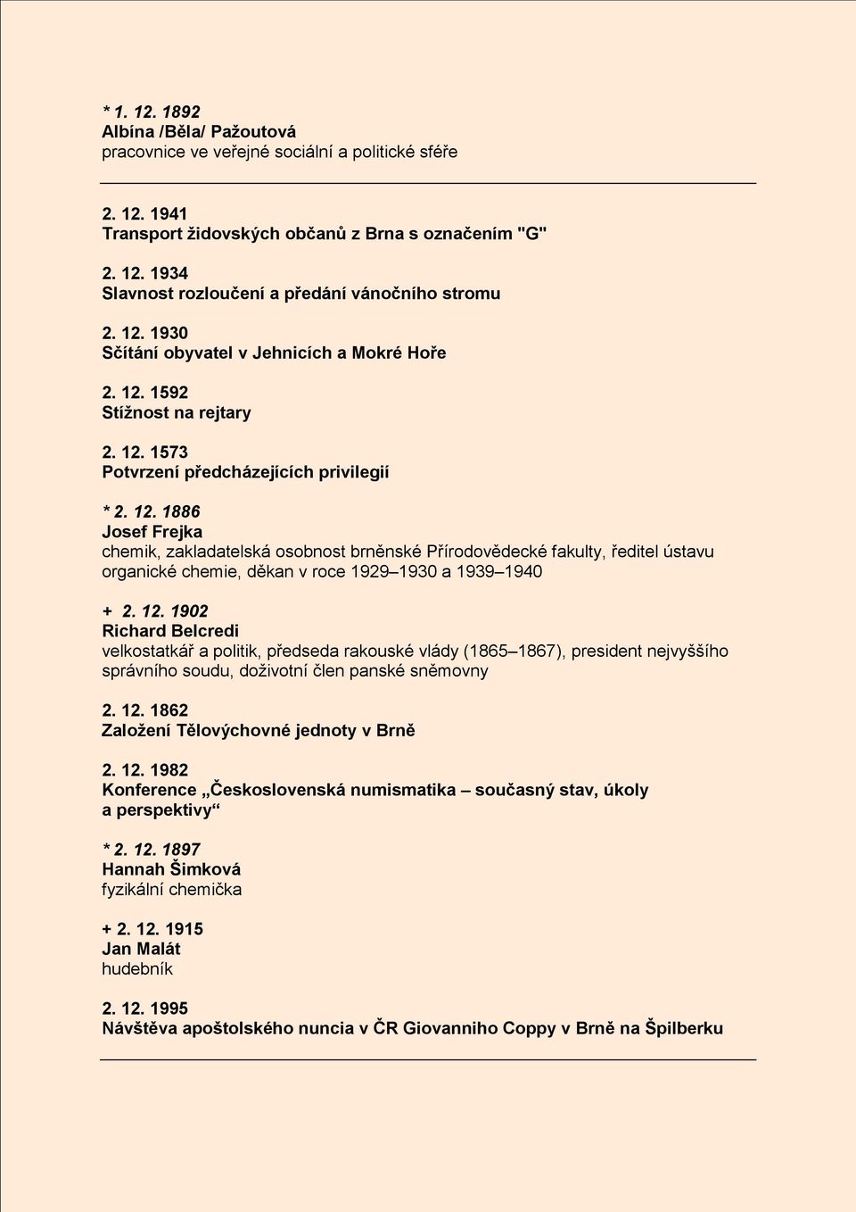 1592 Stížnost na rejtary 2. 12. 1573 Potvrzení předcházejících privilegií * 2. 12. 1886 Josef Frejka chemik, zakladatelská osobnost brněnské Přírodovědecké fakulty, ředitel ústavu organické chemie, děkan v roce 1929 1930 a 1939 1940 + 2.