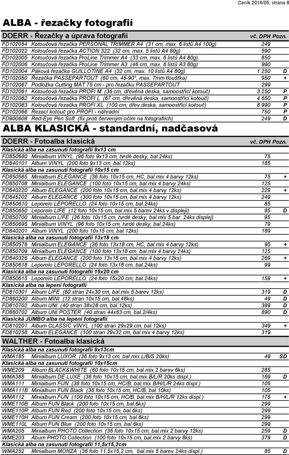 6 listů A4 80g) 850 FD102006 Kotoučová řezačka ProLine Trimmer A3 (46 cm, max. 6 listů A3 80g) 990 FD102004 Páková řezačka GUILLOTINE A4 (32 cm, max.