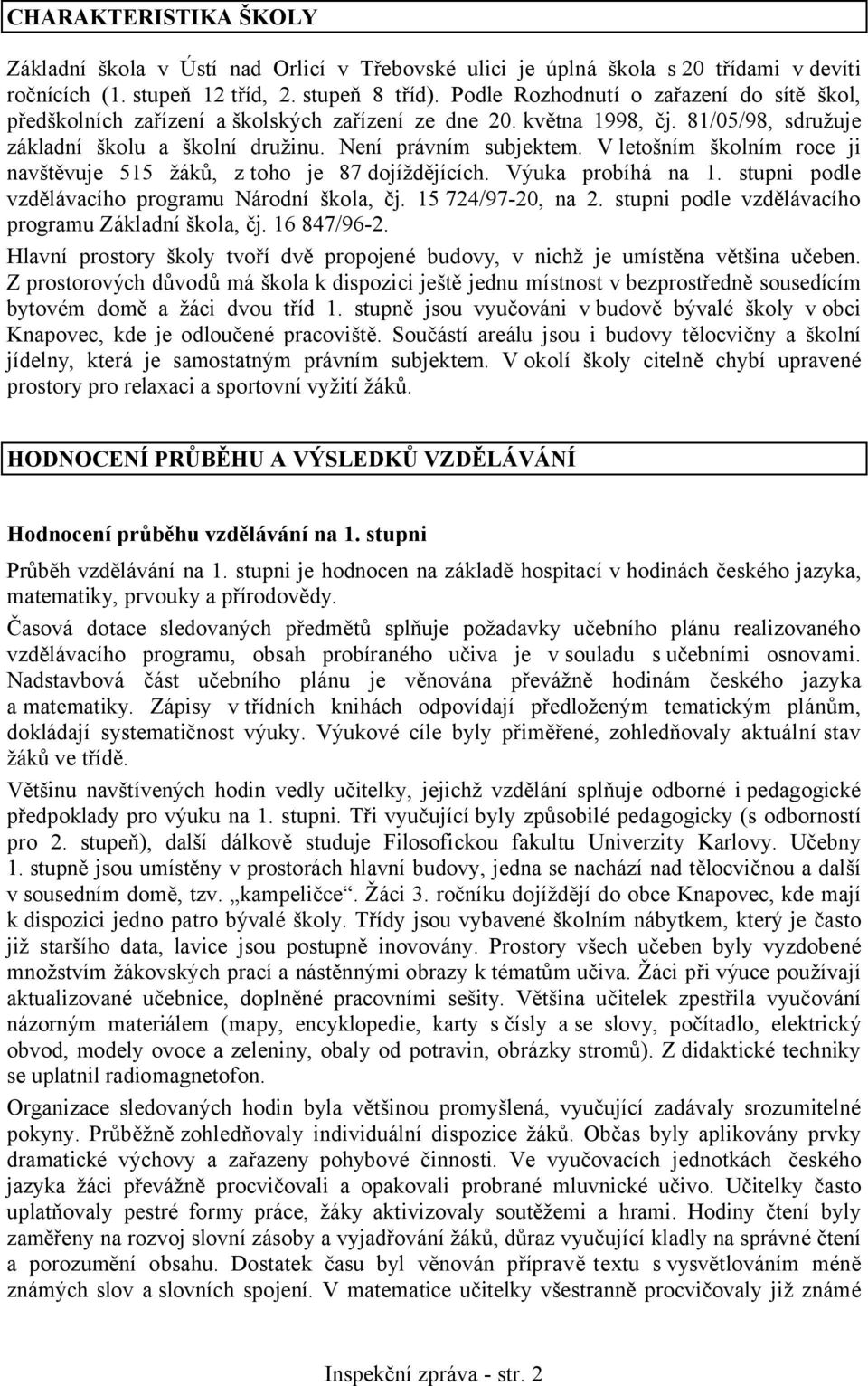 V letošním školním roce ji navštěvuje 515 žáků, z toho je 87 dojíždějících. Výuka probíhá na 1. stupni podle vzdělávacího programu Národní škola, čj. 15 724/97-20, na 2.