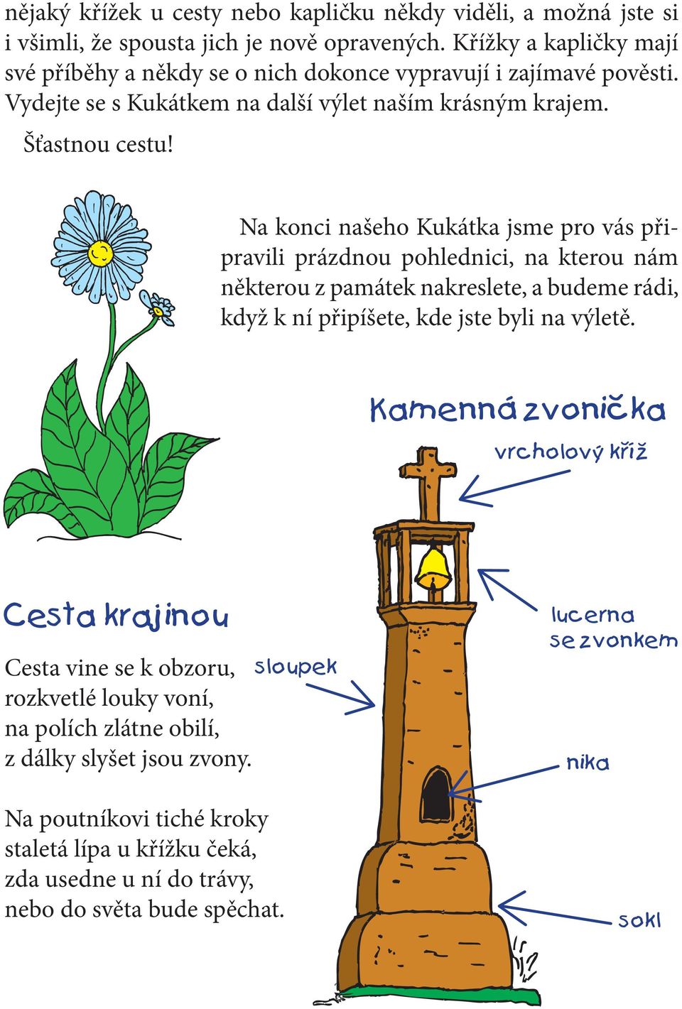 Na konci našeho Kukátka jsme pro vás připravili prázdnou pohlednici, na kterou nám některou z památek nakreslete, a budeme rádi, když k ní připíšete, kde jste byli na výletě.