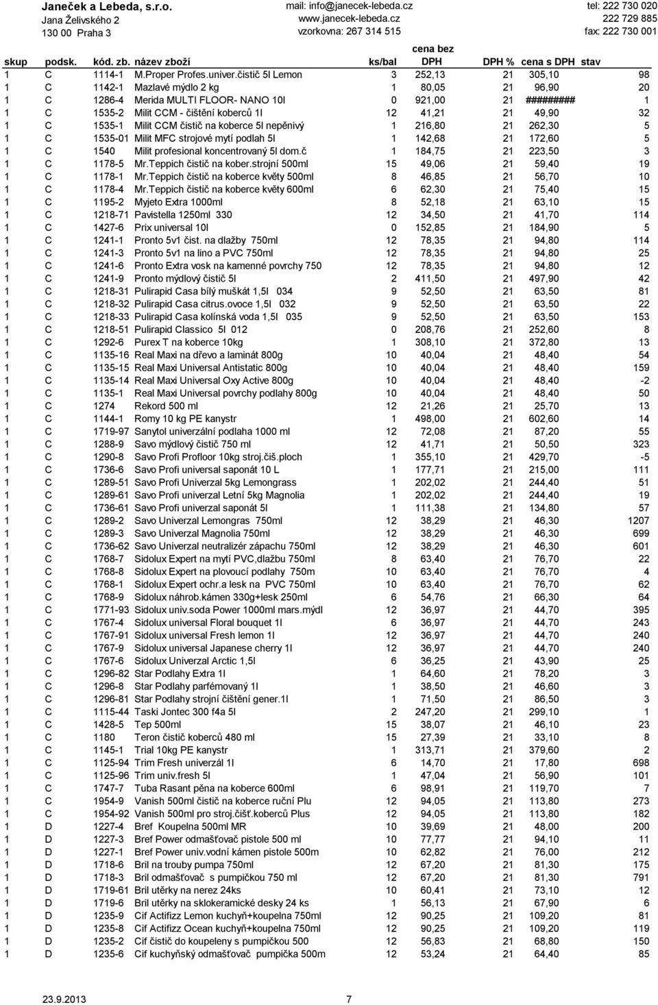 41,21 21 49,90 32 1 C 1535-1 Milit CCM čistič na koberce 5l nepěnivý 1 216,80 21 262,30 5 1 C 1535-01 Milit MFC strojové mytí podlah 5l 1 142,68 21 172,60 5 1 C 1540 Milit profesional koncentrovaný