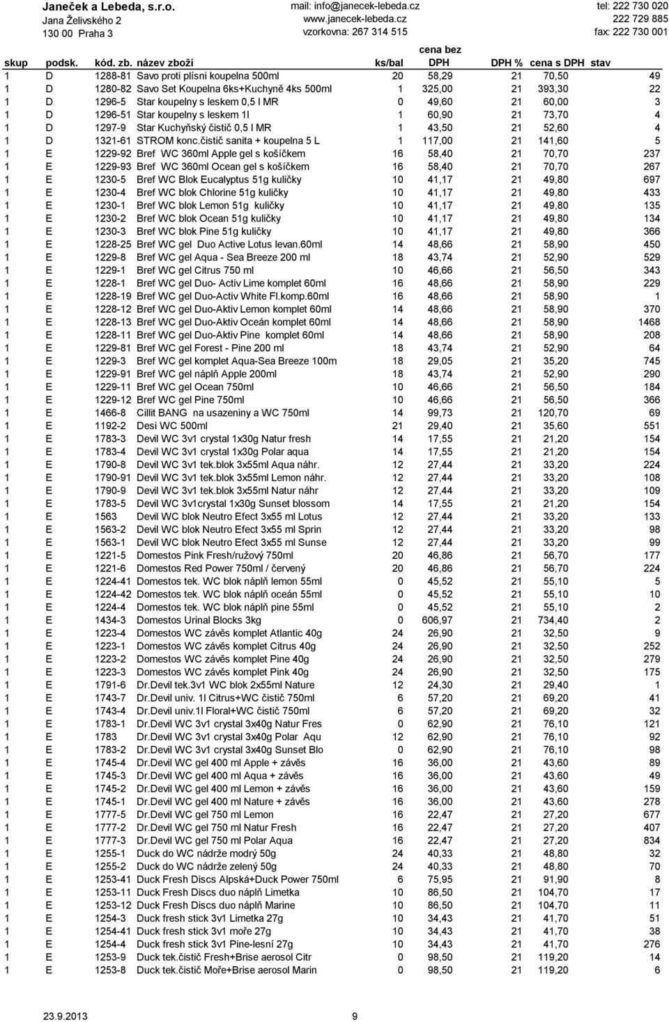 čistič sanita + koupelna 5 L 1 117,00 21 141,60 5 1 E 1229-92 Bref WC 360ml Apple gel s košíčkem 16 58,40 21 70,70 237 1 E 1229-93 Bref WC 360ml Ocean gel s košíčkem 16 58,40 21 70,70 267 1 E 1230-5