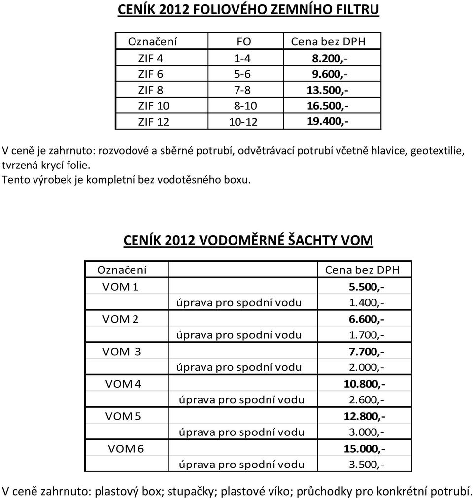 CENÍK 2012 VODOMĚRNÉ ŠACHTY VOM Označení Cena bez DPH VOM 1 5.500,- úprava pro spodní vodu 1.400,- VOM 2 6.600,- úprava pro spodní vodu 1.700,- VOM 3 7.700,- úprava pro spodní vodu 2.