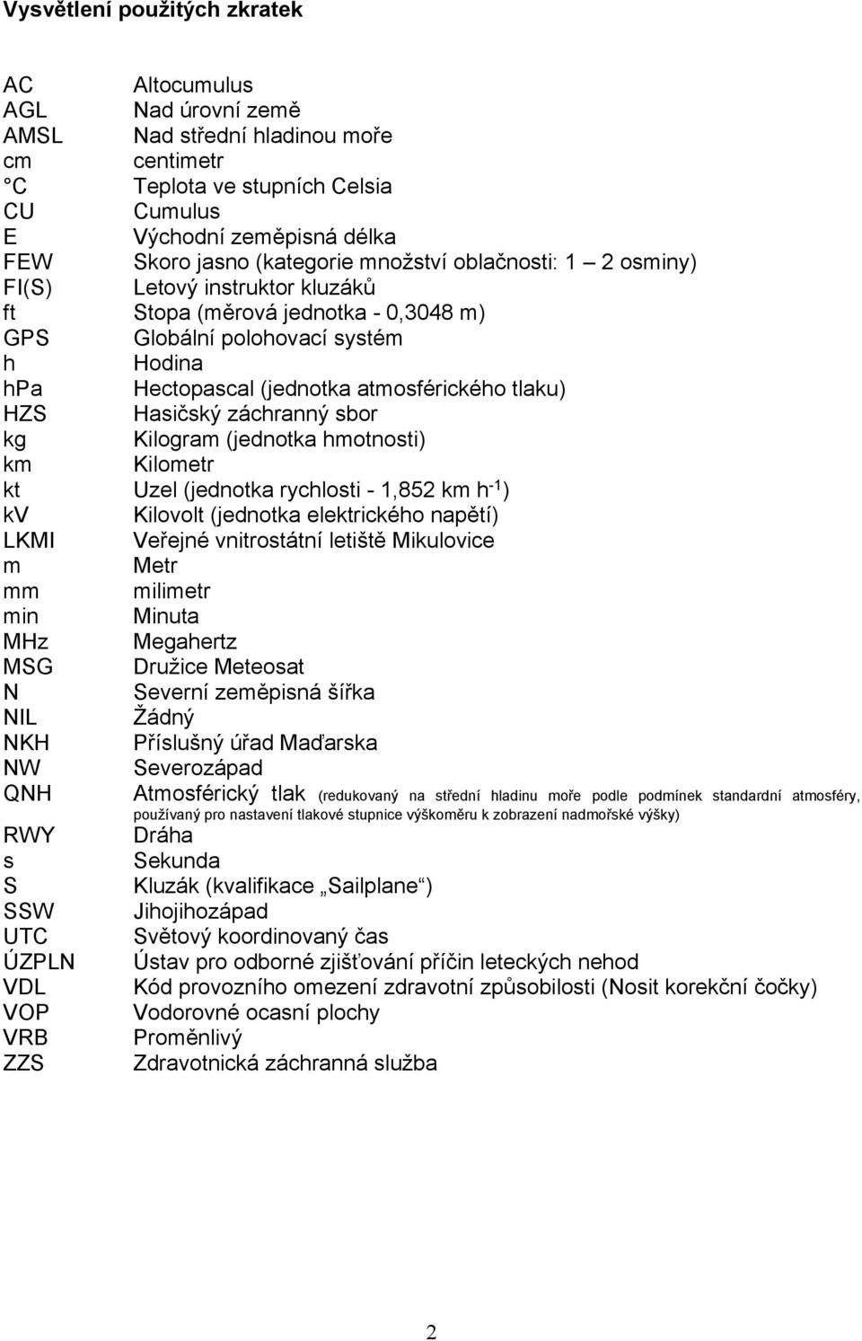 tlaku) HZS Hasičský záchranný sbor kg Kilogram (jednotka hmotnosti) km Kilometr kt Uzel (jednotka rychlosti - 1,852 km h -1 ) kv Kilovolt (jednotka elektrického napětí) LKMI Veřejné vnitrostátní