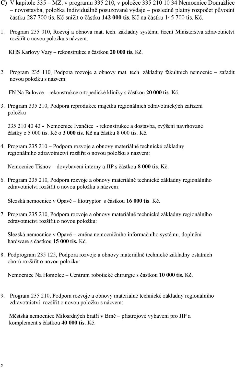 základny systému řízení Ministerstva zdravotnictví KHS Karlovy Vary rekonstrukce s částkou 20 000 tis. Kč. 2. Program 235 110, Podpora rozvoje a obnovy mat. tech.