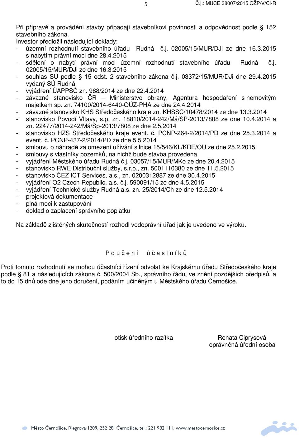 2015 - sdlení o nabytí právní moci územní rozhodnutí stavebního úadu Rudná.j. 02005/15/MUR/DJi ze dne 16.3.2015 - souhlas SÚ podle 15 odst. 2 stavebního zákona.j. 03372/15/MUR/DJi dne 29.4.