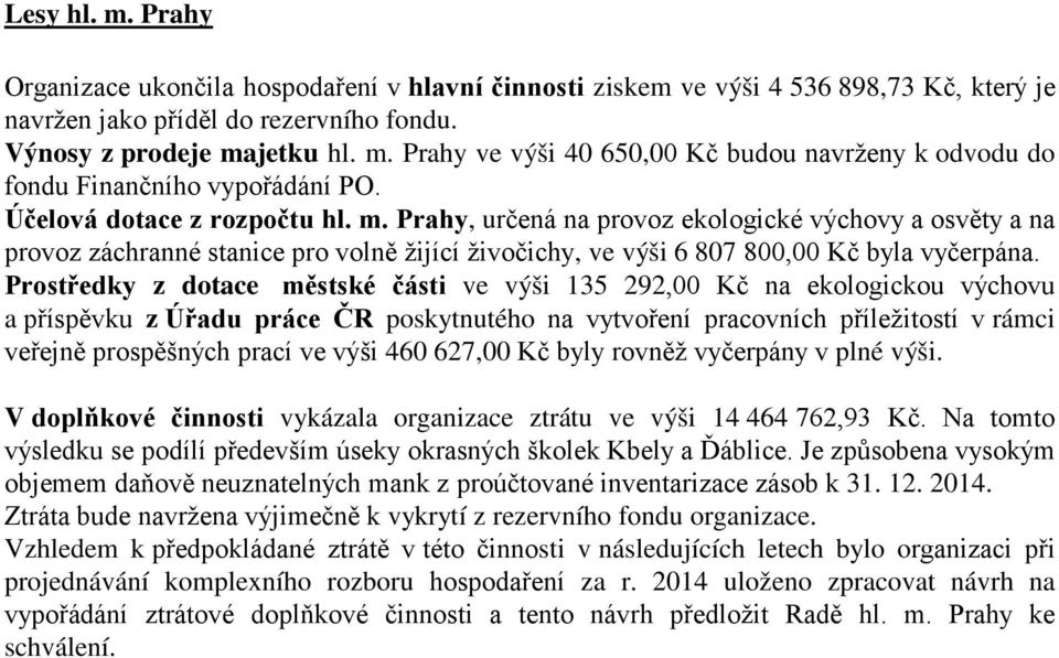 Prostředky z dotace městské části ve výši 135 292,00 Kč na ekologickou výchovu a příspěvku z Úřadu práce ČR poskytnutého na vytvoření pracovních příležitostí v rámci veřejně prospěšných prací ve výši