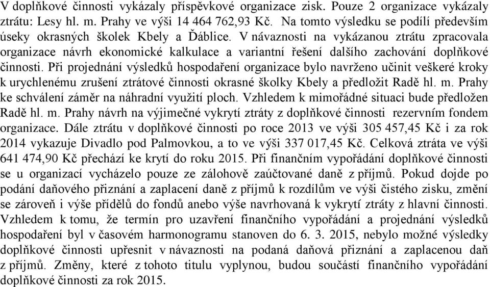 V návaznosti na vykázanou ztrátu zpracovala organizace návrh ekonomické kalkulace a variantní řešení dalšího zachování doplňkové činnosti.