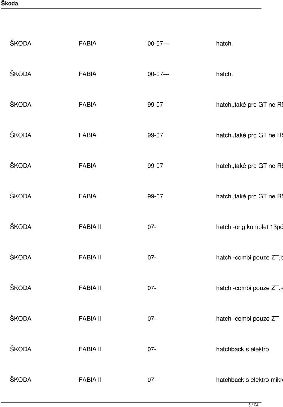 komplet 13pó ŠKODA FABIA II 07- hatch -combi pouze ZT,b ŠKODA FABIA II 07- hatch -combi pouze ZT.