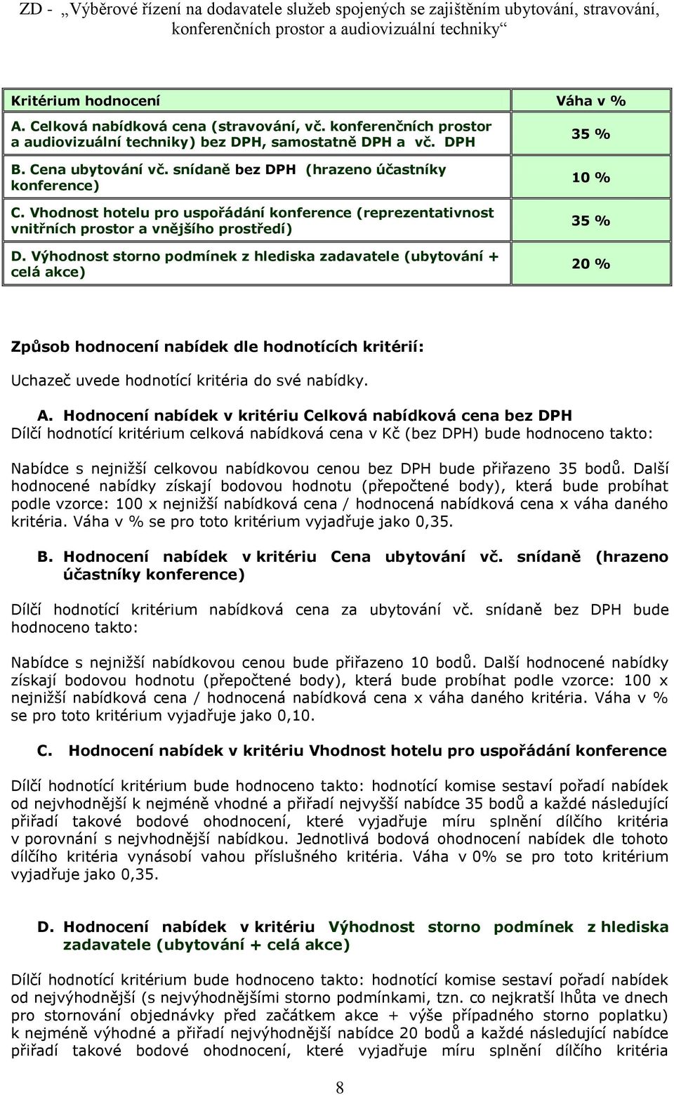 Výhodnost storno podmínek z hlediska zadavatele (ubytování + celá akce) 35 % 10 % 35 % 20 % Způsob hodnocení nabídek dle hodnotících kritérií: Uchazeč uvede hodnotící kritéria do své nabídky. A.