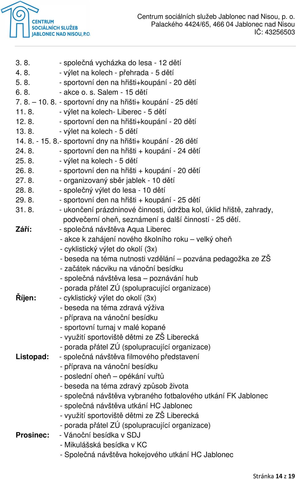 8. - výlet na kolech - 5 dětí 26. 8. - sportovní den na hřišti + koupání - 20 dětí 27. 8. - organizovaný sběr jablek - 10 dětí 28. 8. - společný výlet do lesa - 10 dětí 29. 8. - sportovní den na hřišti + koupání - 25 dětí 31.