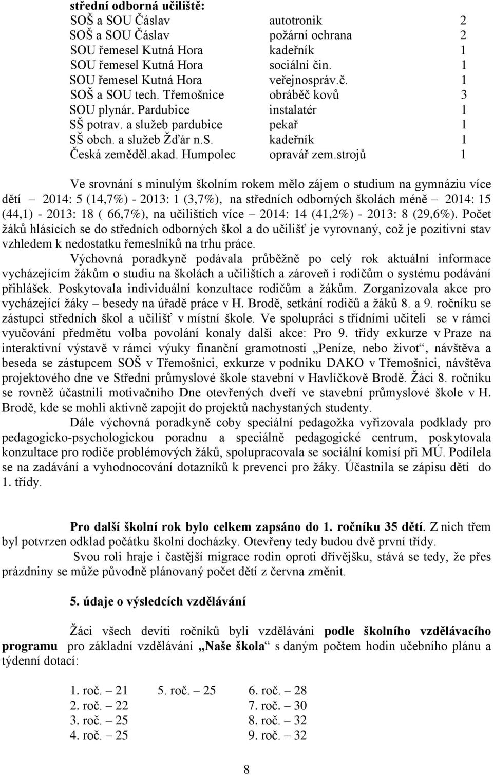 strojů 1 Ve srovnání s minulým školním rokem mělo zájem o studium na gymnáziu více dětí 2014: 5 (14,7%) - 2013: 1 (3,7%), na středních odborných školách méně 2014: 15 (44,1) - 2013: 18 ( 66,7%), na