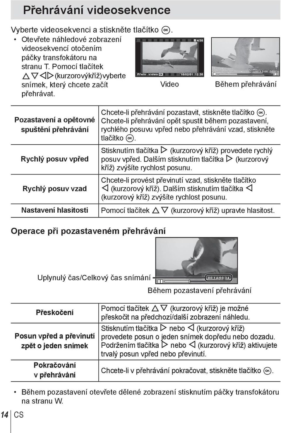 Video 00:12/00:34 Během přehrávání Pozastavení a opětovné spuštění přehrávání Rychlý posuv vpřed Rychlý posuv vzad Nastavení hlasitosti Operace při pozastaveném přehrávání Chcete-li přehrávání