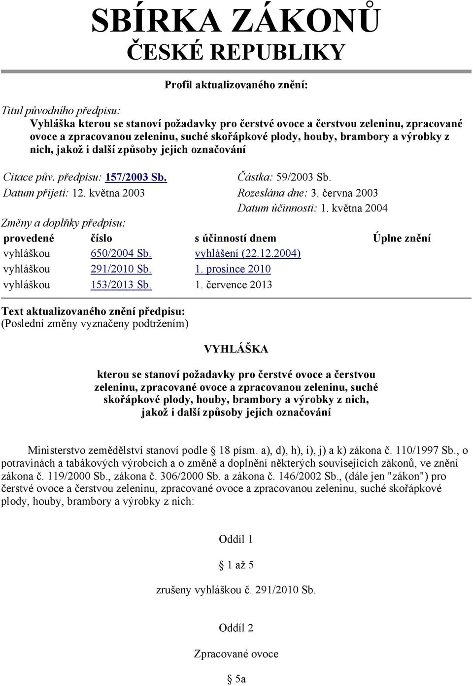 května 2003 Rozeslána dne: 3. června 2003 Datum účinnosti: 1. května 2004 Změny a doplňky předpisu: provedené číslo s účinností dnem Úplne znění vyhláškou 650/2004 Sb. vyhlášení (22.12.