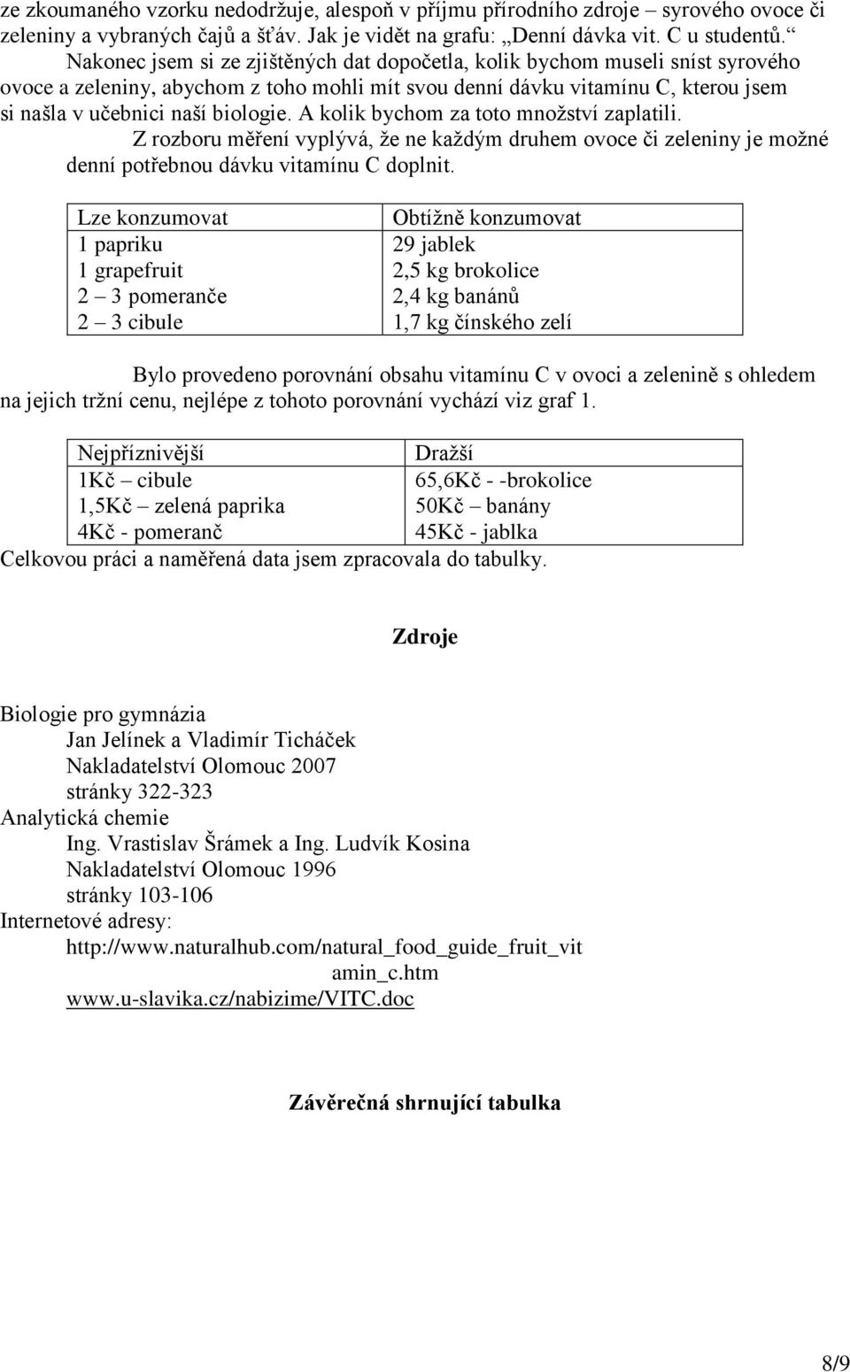 A kolik bychom za toto množství zaplatili. Z rozboru měření vyplývá, že ne každým druhem ovoce či zeleniny je možné denní potřebnou dávku vitamínu C doplnit.