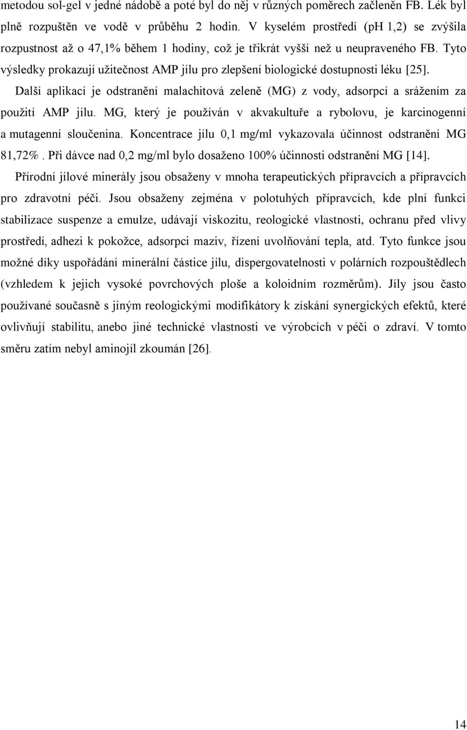 Tyto výsledky prokazují užitečnost AMP jílu pro zlepšení biologické dostupnosti léku [25]. Další aplikací je odstranění malachitová zeleně (MG) z vody, adsorpcí a srážením za použití AMP jílu.