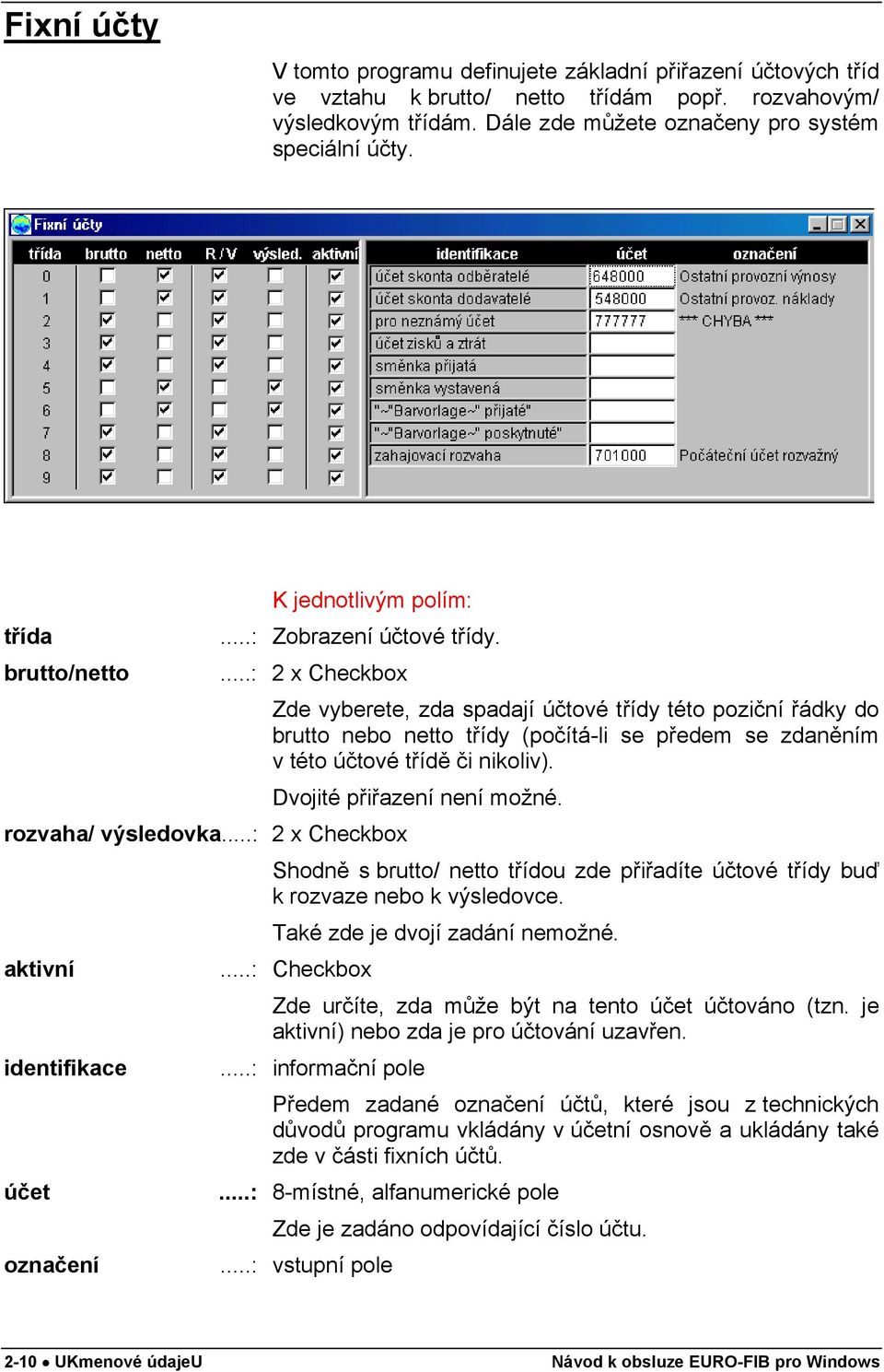 ..: 2 x Checkbox aktivní identifikace účet označení Zde vyberete, zda spadají účtové třídy této poziční řádky do brutto nebo netto třídy (počítá-li se předem se zdaněním v této účtové třídě či nikoliv).