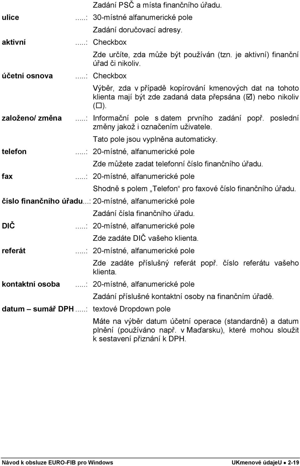 ...: Informační pole s datem prvního zadání popř. poslední změny jakož i označením uživatele. Tato pole jsou vyplněna automaticky.