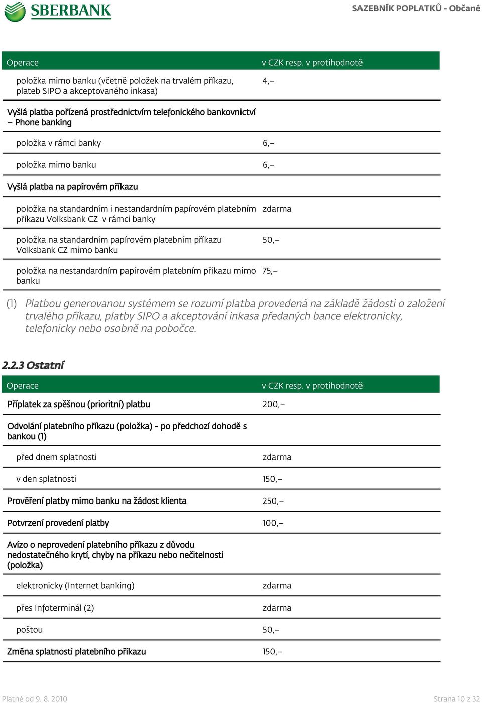 příkazu Volksbank CZ mimo banku položka na nestandardním papírovém platebním příkazu mimo banku 50, 75, (1) Platbou generovanou systémem se rozumí platba provedená na základě žádosti o založení