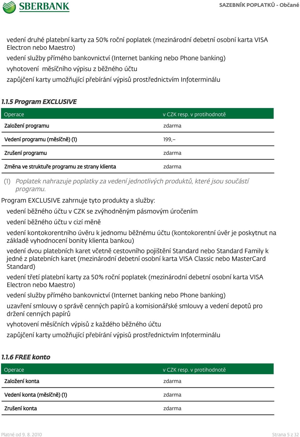 1.5 Program EXCLUSIVE Založení programu Vedení programu (měsíčně) (1) 199, Zrušení programu Změna ve struktuře programu ze strany klienta (1) Poplatek nahrazuje poplatky za vedení jednotlivých