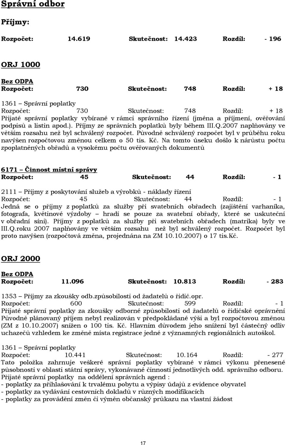 řízení (jména a příjmení, ověřování podpisů a listin apod.). Příjmy ze správních poplatků byly během III.Q.2007 naplňovány ve větším rozsahu než byl schválený rozpočet.