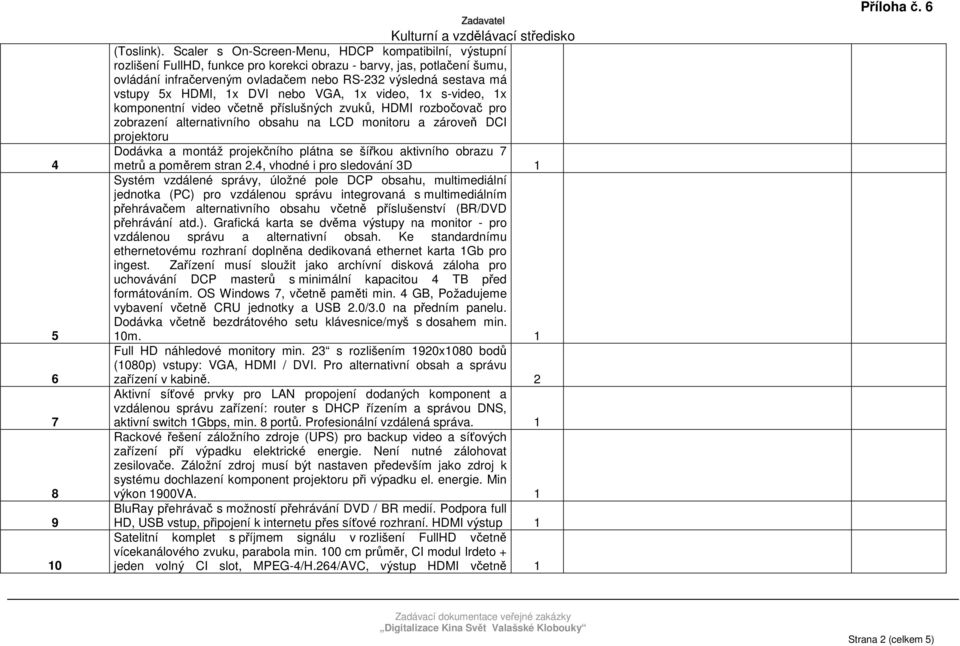 5x HDMI, 1x DVI nebo VGA, 1x video, 1x s-video, 1x komponentní video včetně příslušných zvuků, HDMI rozbočovač pro zobrazení alternativního obsahu na LCD monitoru a zároveň DCI projektoru Dodávka a
