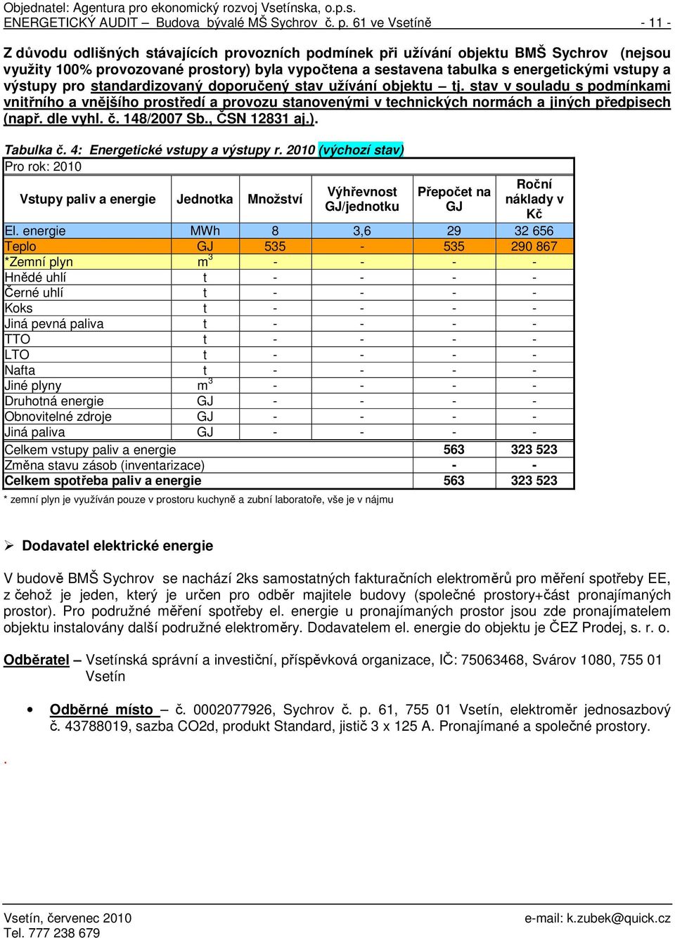 vstupy a výstupy pro standardizovaný doporučený stav užívání objektu tj.