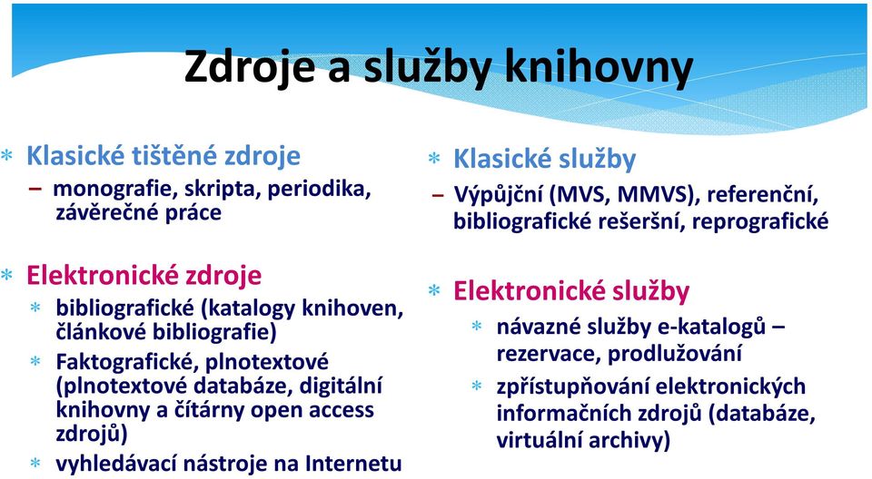 zdrojů) vyhledávací nástroje na Internetu Klasické služby Výpůjční (MVS, MMVS), referenční, bibliografické rešeršní, reprografické