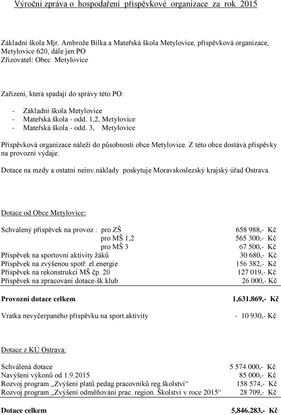 Mateřská škola - odd. 1,2, Metylovice - Mateřská škola - odd. 3, Metylovice Příspěvková organizace náleží do působnosti obce Metylovice. Z této obce dostává příspěvky na provozní výdaje.