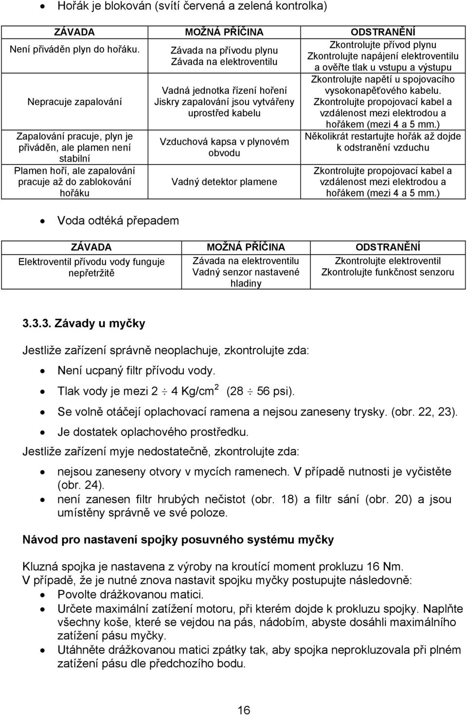 funguje nepřetržitě Závada na přívodu plynu Závada na elektroventilu Vadná jednotka řízení hoření Jiskry zapalování jsou vytvářeny uprostřed kabelu Vzduchová kapsa v plynovém obvodu Vadný detektor