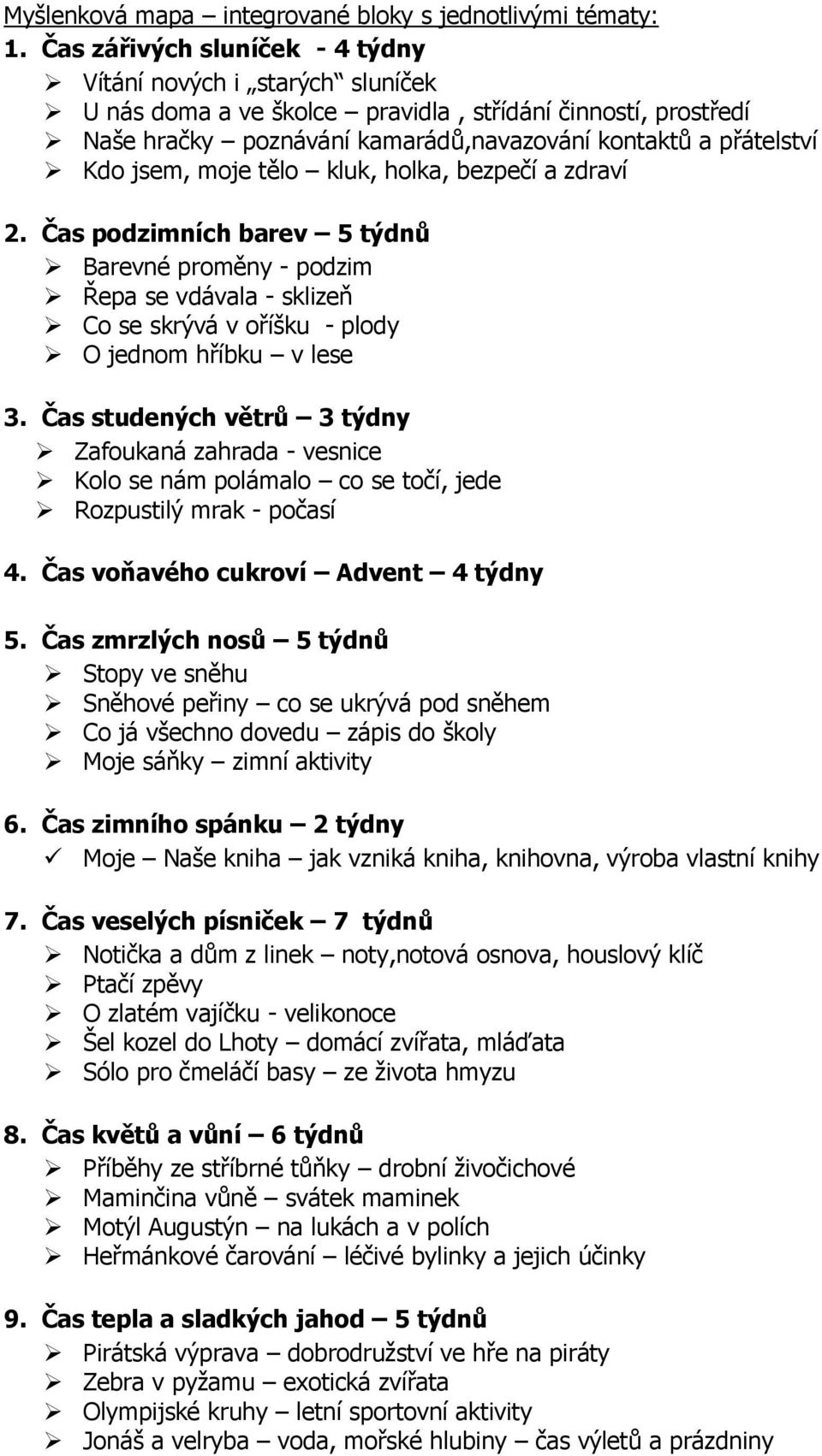 jsem, moje tělo kluk, holka, bezpečí a zdraví 2. Čas podzimních barev 5 týdnů Barevné proměny - podzim Řepa se vdávala - sklizeň Co se skrývá v oříšku - plody O jednom hříbku v lese 3.