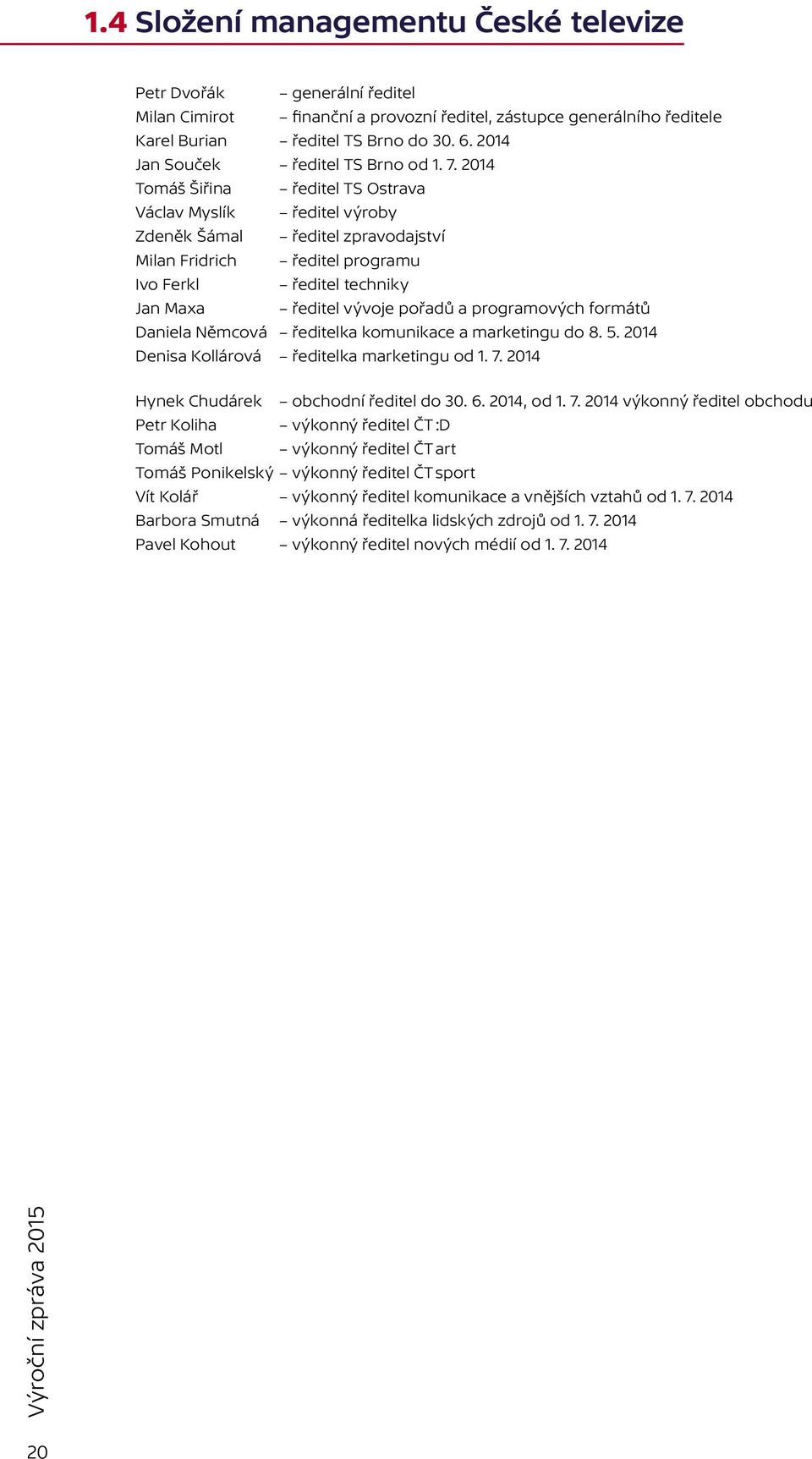 2014 Tomáš Šiřina ředitel TS Ostrava Václav Myslík ředitel výroby Zdeněk Šámal ředitel zpravodajství Milan Fridrich ředitel programu Ivo Ferkl ředitel techniky Jan Maxa ředitel vývoje pořadů a