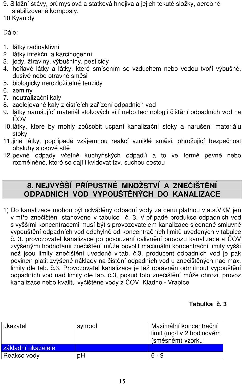 neutralizaní kaly 8. zaolejované kaly z istících zaízení odpadních vod 9. látky narušující materiál stokových sítí nebo technologii ištní odpadních vod na OV 10.