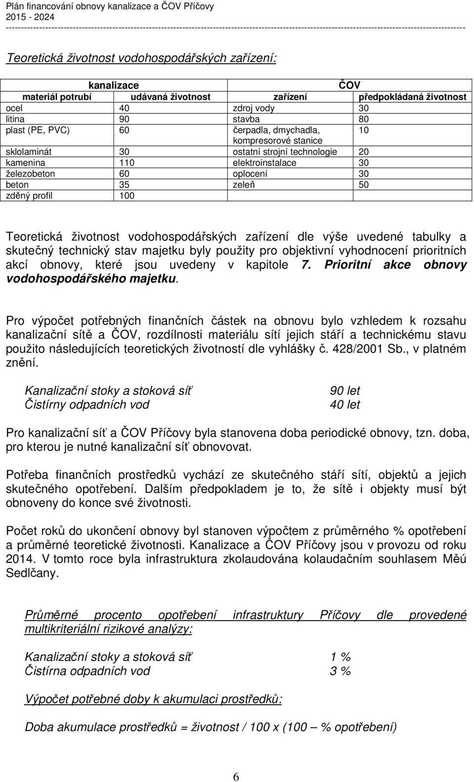 životnost vodohospodářských zařízení dle výše uvedené tabulky a skutečný technický stav majetku byly použity pro objektivní vyhodnocení prioritních akcí obnovy, které jsou uvedeny v kapitole 7.